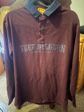True Religion Men's Long-Sleeve Polo in Deep Burgundy with Black Collar